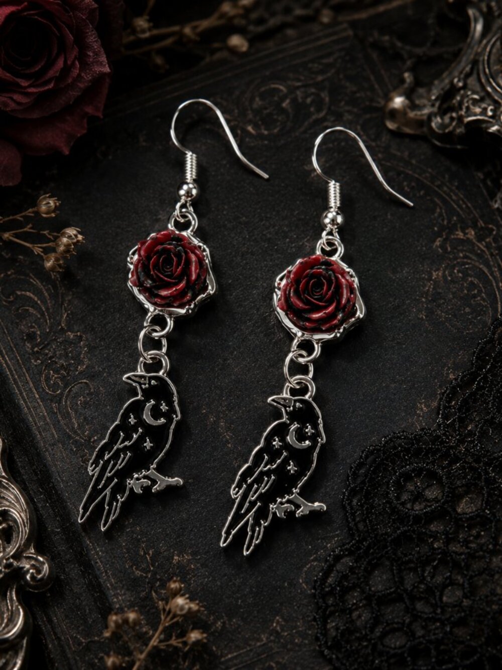 The Crimson Raven Relics™ Gothic Rose Raven Earrings